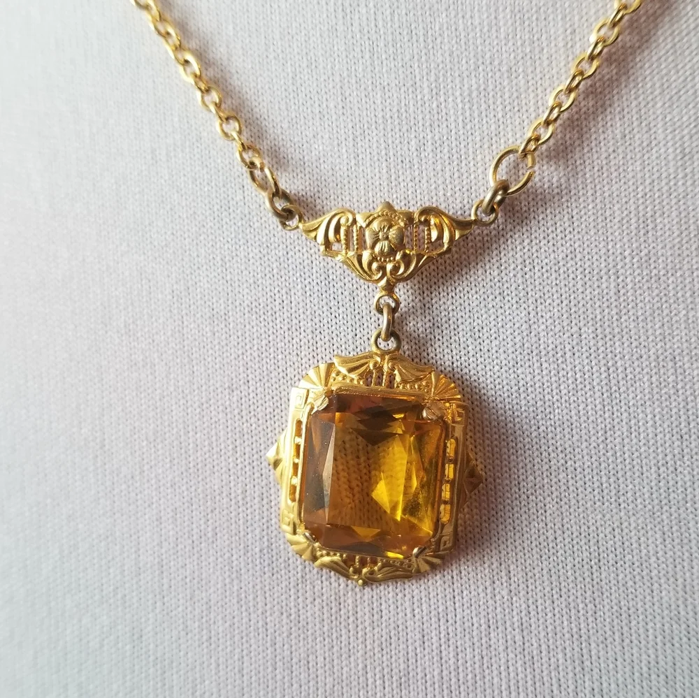 Vintage Art Deco necklace yellow gem gold tone faceted 1920s 1930s Gatsby